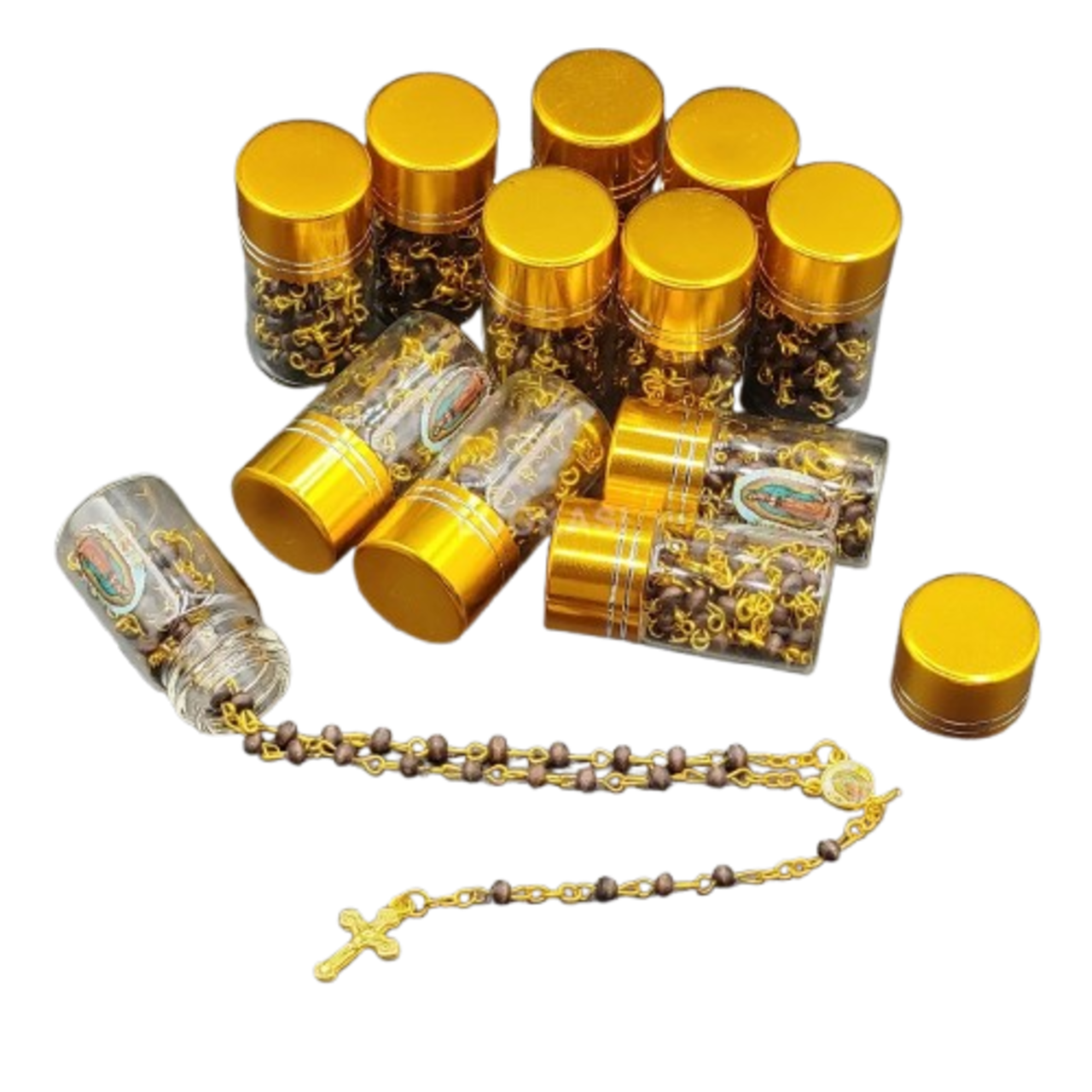 12 Black Beads Rosary Crucifix Cross in Glass Bottle Beaded Baptism Christiening